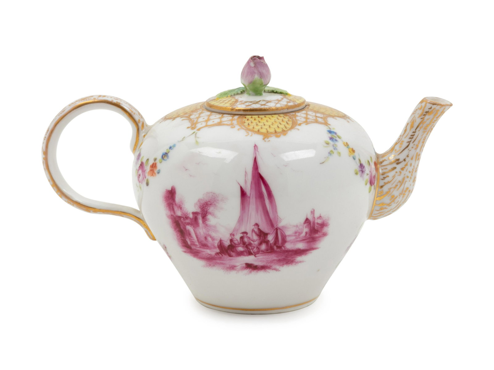 A Meissen Porcelain Teapot: A Meissen Porcelain Teapot 18th Century Height 4 x width 6 3/4 x depth 4 inches.