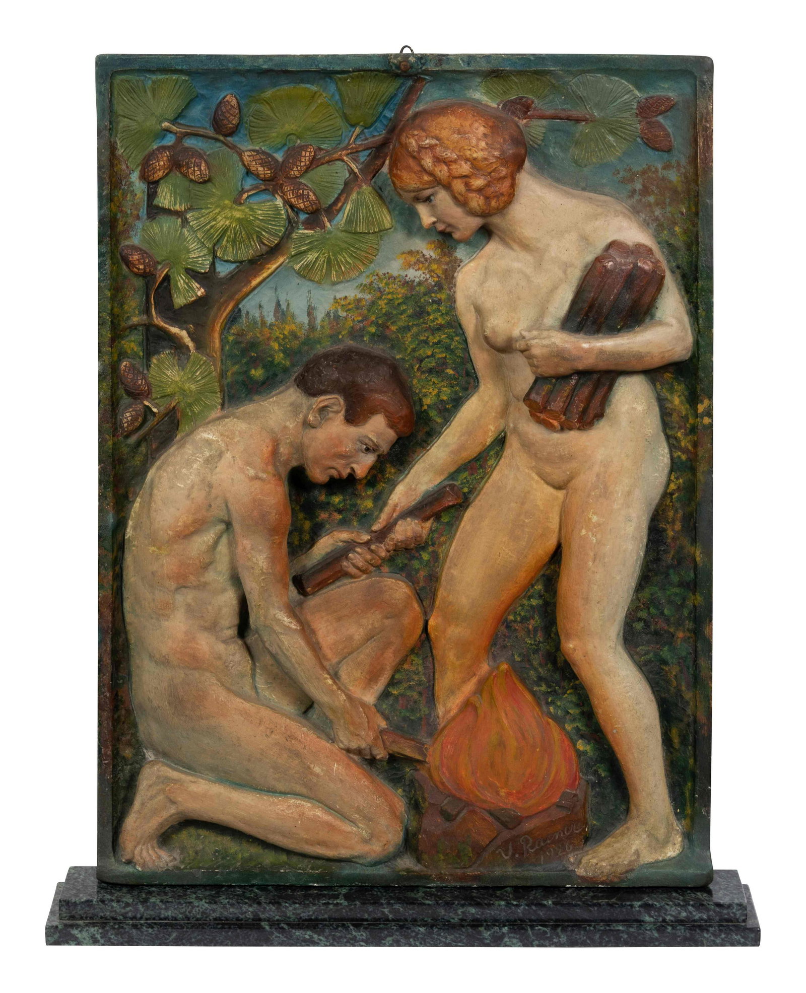 Virgil Rainer (Austrian, 1871-1948): Virgil Rainer (Austrian, 1871-1948) Adam and Eve, 1926 painted terra cotta signed V. Rainer and dated (lower right) Height 32 x width 24 1/2 inches.