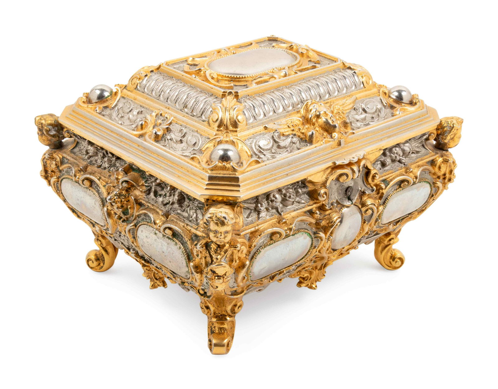 A German Gilt and Silvered Bronze Jewelry Casket: A German Gilt and Silvered Bronze Jewelry Casket Erhard & Sohne, Schwabisch Gmund, Early 20th Century opening to a fitted velvet-lined interior, marked to the underside. Height 5 3/4 x width 8 x depth