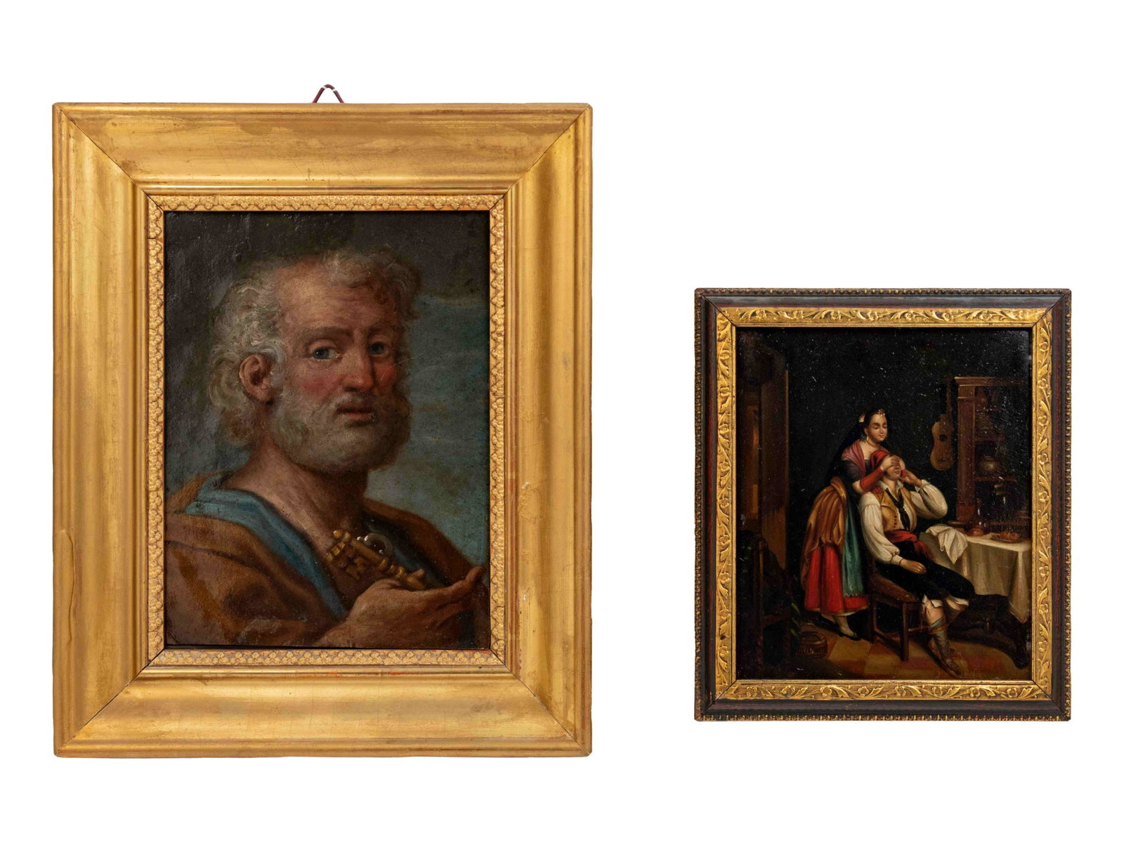 Continental School, 19th Century: Continental School, 19th Century Portrait and Interior Scene (two works) oil on tin First example: 9 x 6 3/4 inches. Property from a Private Collector, Chicago, Illinois