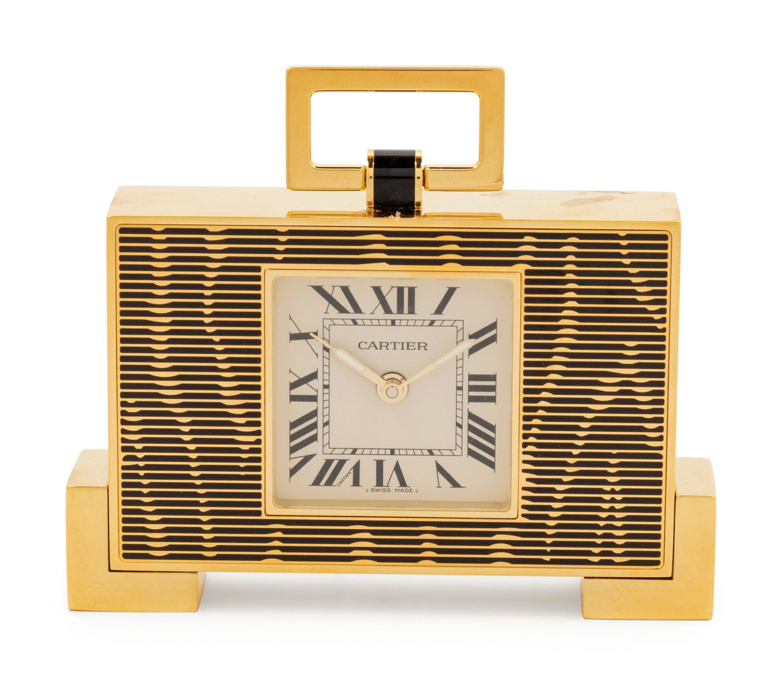 A Cartier Art Deco Style Travel Clock: A Cartier Art Deco Style Travel Clock Height 3 1/2 x width 4 1/8 x depth 1 1/8 inches. Property from the Collection of Joseph H. and June S. Hennage, Williamsburg, Virginia, Sold to Benefit The Coloni