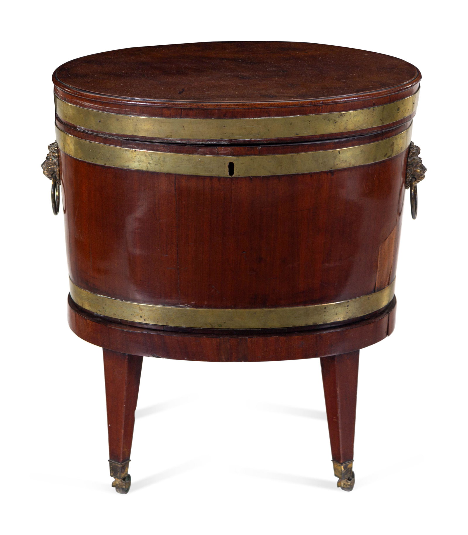 A George III Brass Banded Mahogany Cellarette: A George III Brass Banded Mahogany Cellarette 18th/19th Century Height overall 24 1/4 x width 22 x depth 15 1/2 inches.