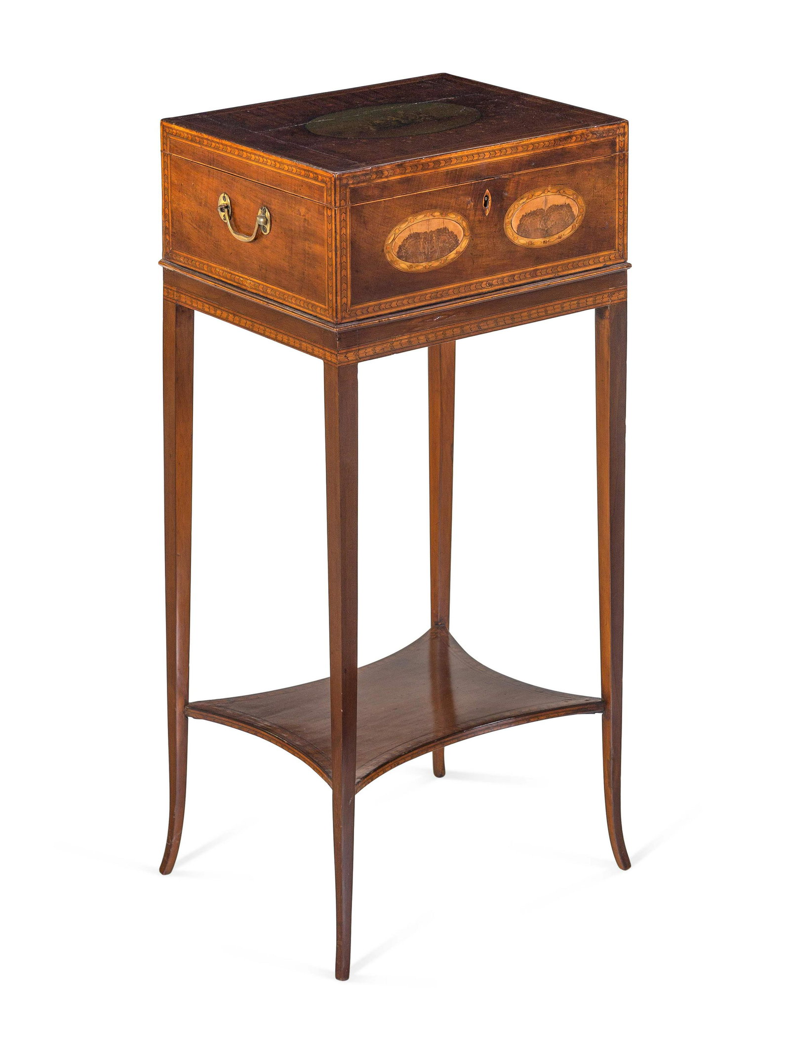 A George III Inlaid and Figured Mahogany Work Box on: A George III Inlaid and Figured Mahogany Work Box on Stand Late 18th Century Height overall 30 x width 14 x depth 11 1/2 inches. Property from the Estate of Joan Conway Crancer, St. Louis, Missouri
