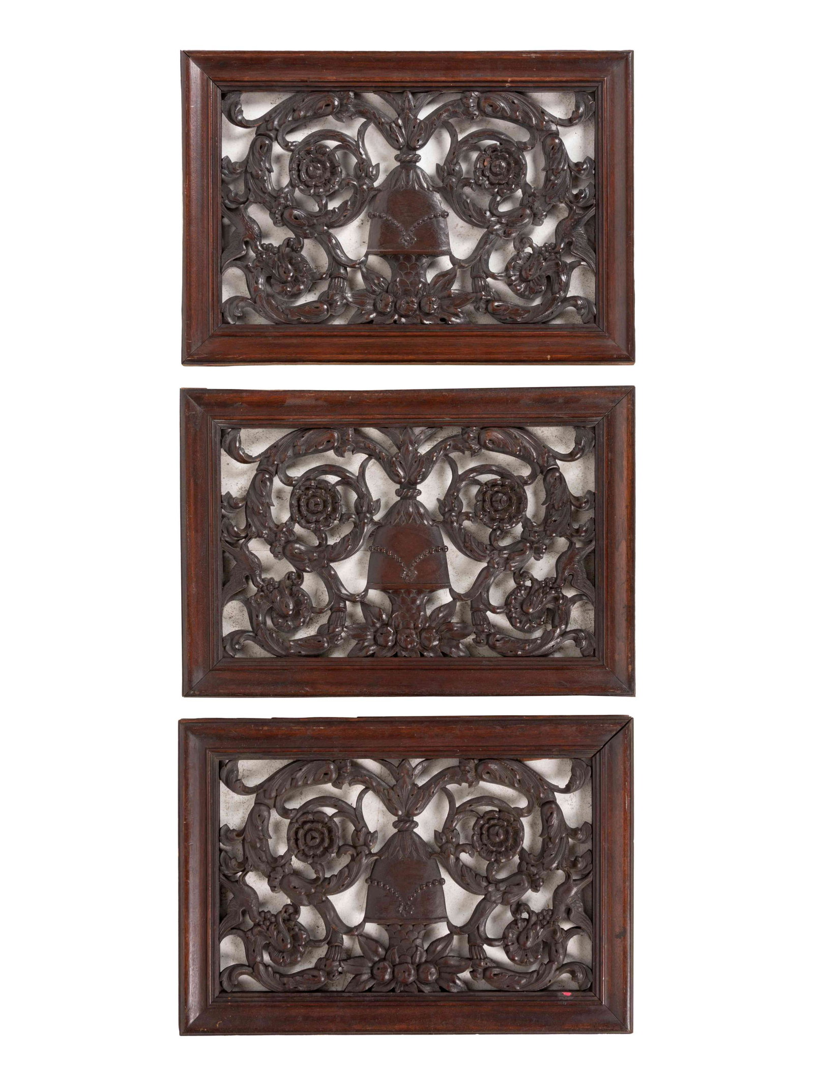 Three George III Style Adamesque Pierce-Carved Mahogany: Three George III Style Adamesque Pierce-Carved Mahogany Panels 19th Century Height of each: 14 x 20 1/2 inches. Property from a Private Collector, Chicago, Illinois