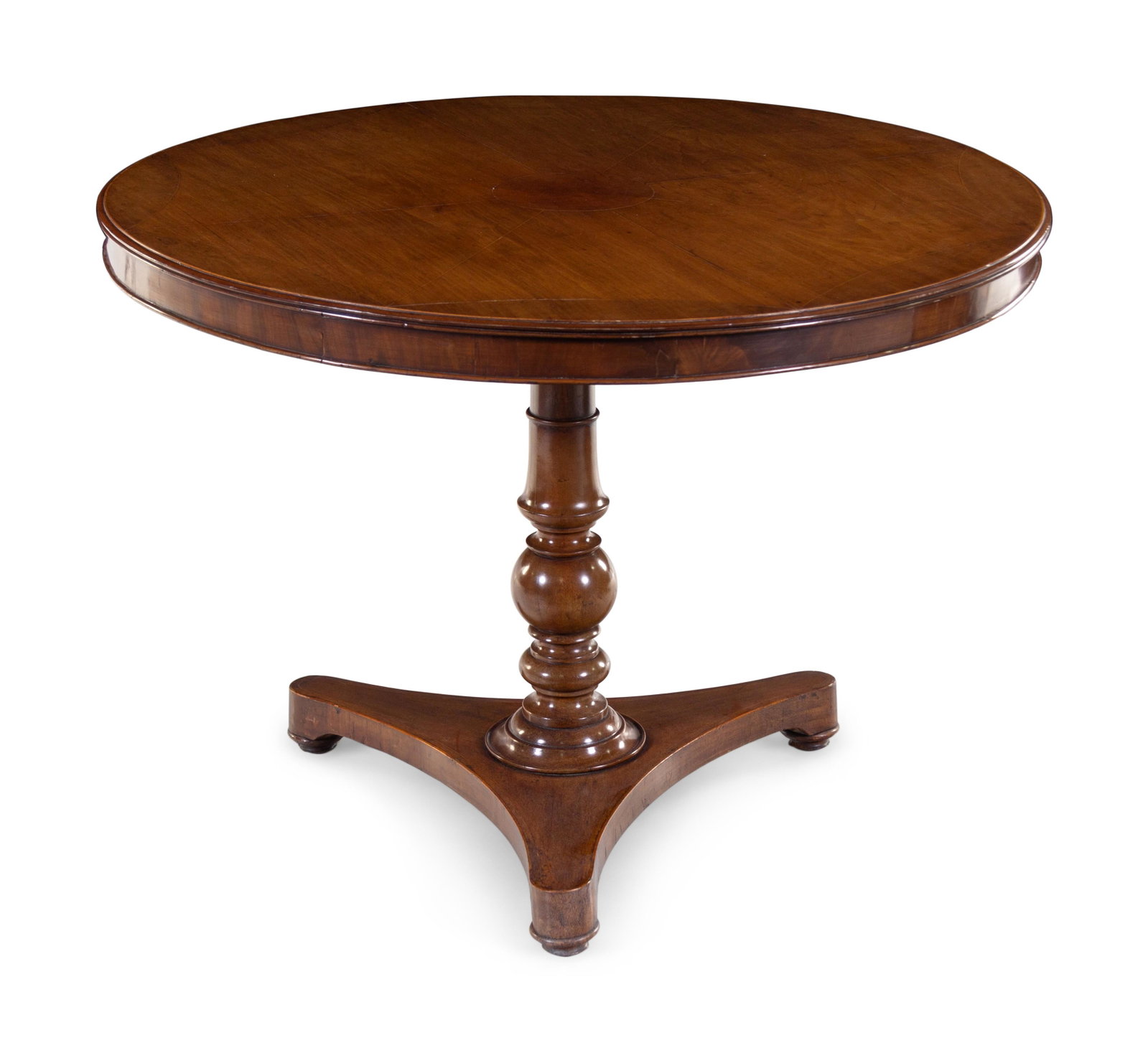 A Regency Inlaid Mahogany Center Table: A Regency Inlaid Mahogany Center Table 19th Century Height 29 x diameter of top 40 inches.