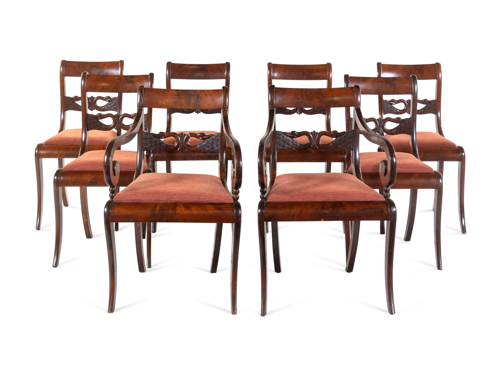 A Set of Eight Regency Style Mahogany Dining Chairs: A Set of Eight Regency Style Mahogany Dining Chairs Late 19th/Early 20th Century Height 34 3/4 x width 18 5/8 x depth 19 1/2 inches.