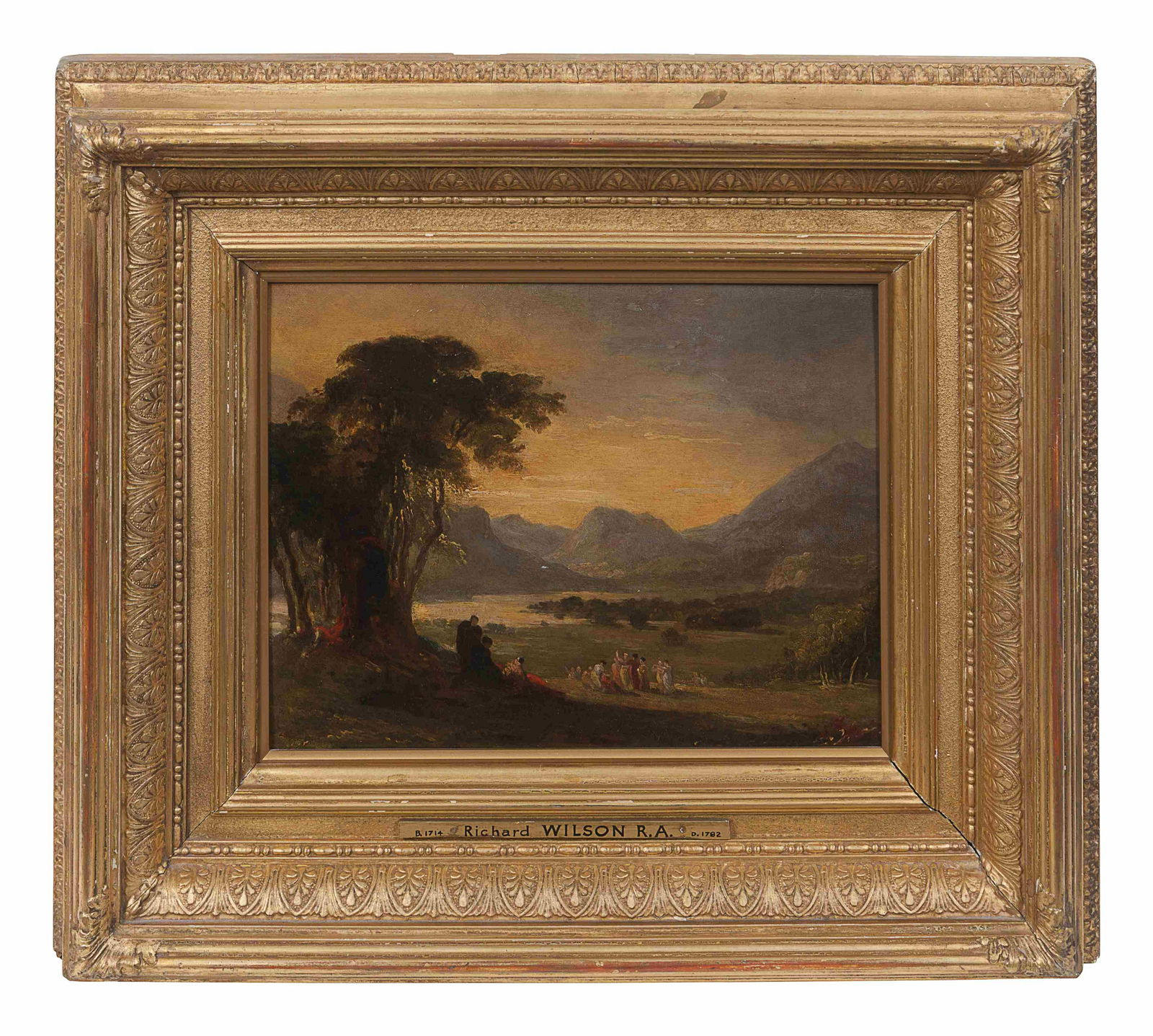 Follower of Richard Wilson (Welsh, 1714-1782): Follower of Richard Wilson (Welsh, 1714-1782) 18th Century Pastoral Landscape with Figures oil on panel 8 3/4 x 12 inches. Provenance: Henry Faija, London Christie, Manson, & Woods Ltd., London, Febru