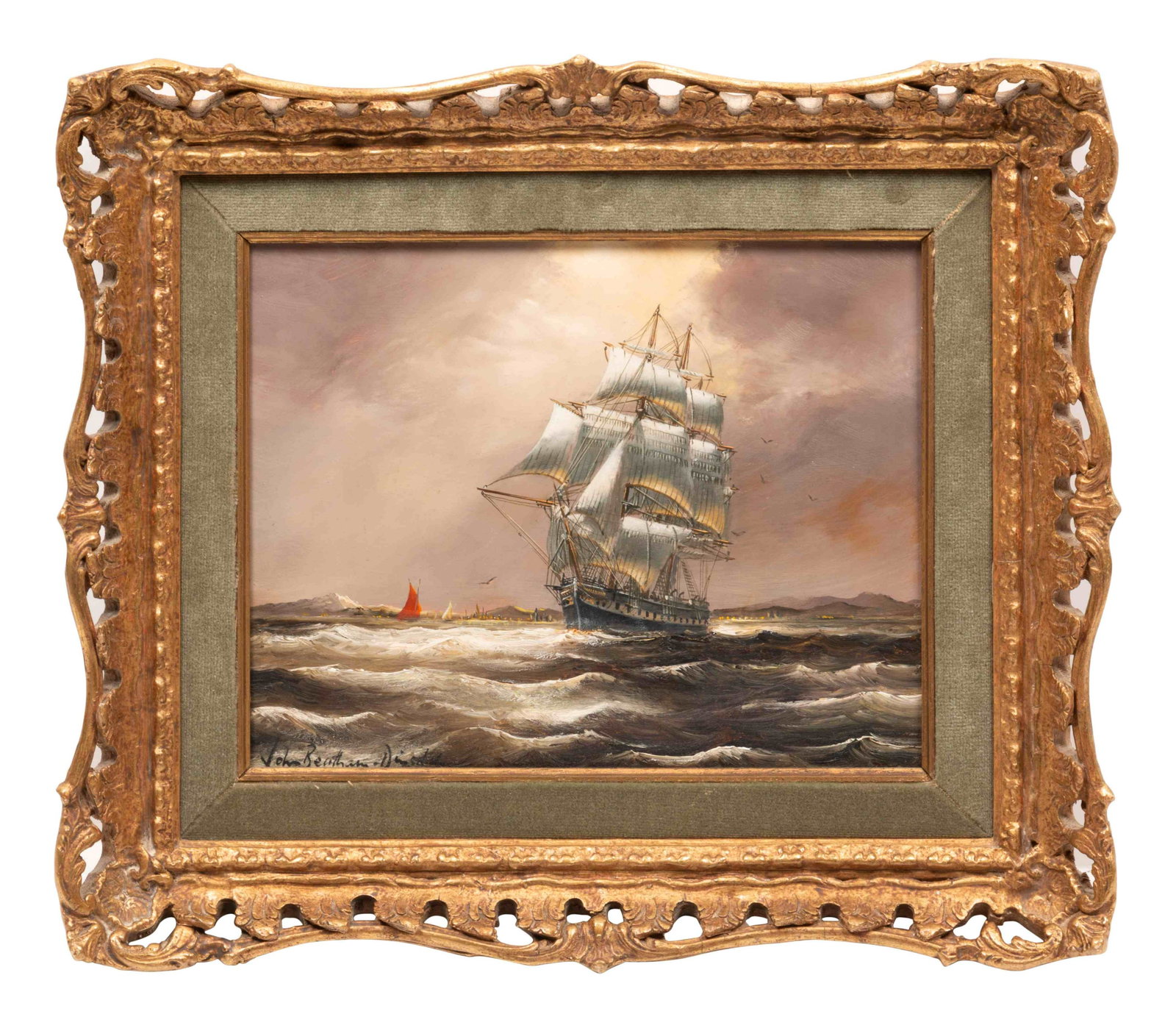 John Bentham-Dinsdale (British, 1927-2008): John Bentham-Dinsdale (British, 1927-2008) Clipper Ship oil on canvas signed John Bentham-Dinsdale (lower left) and verso 7 1/2 x 9 1/2 inches. Provenance: Wally Findlay Galleries (labeled)