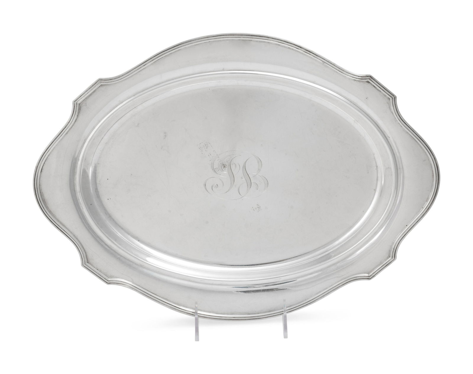 An American Silver Tray: An American Silver Tray Gorham Mfg. Co., Providence, RI, 1916 the tray centered with an engraved monogram. marked 'Sterling' on underside 31 ozt 13 dwt Width 16 1/2 inches. Property from the Estate of