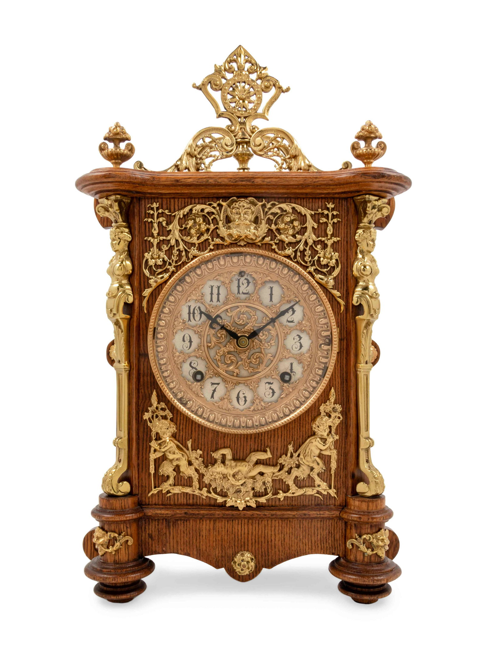 An Ansonia Cabinet B Gilt Metal Mounted Oak Shelf Clock: An Ansonia Cabinet B Gilt Metal Mounted Oak Shelf Clock Height 18 x width 10 1/2 x depth 5 inches. Property from the Collection of a Wisconsin Museum