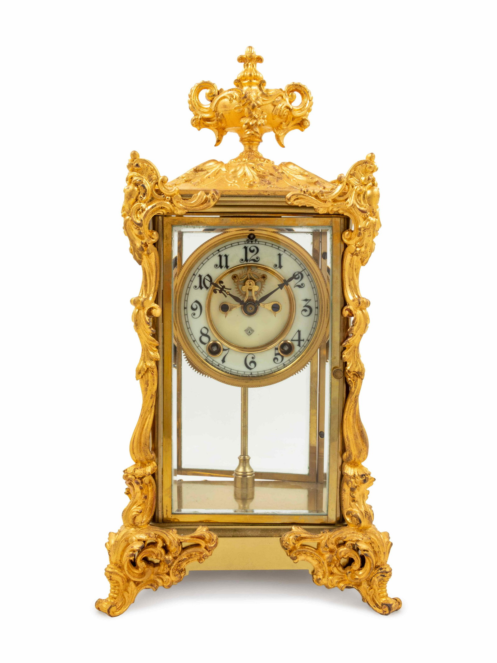 An Ansonia Viscount Gilt Metal Crystal Regulator Clock: An Ansonia Viscount Gilt Metal Crystal Regulator Clock Height 15 3/4 x width 8 1/4 x depth 7 1/4 inches. Property from the Collection of a Wisconsin Museum