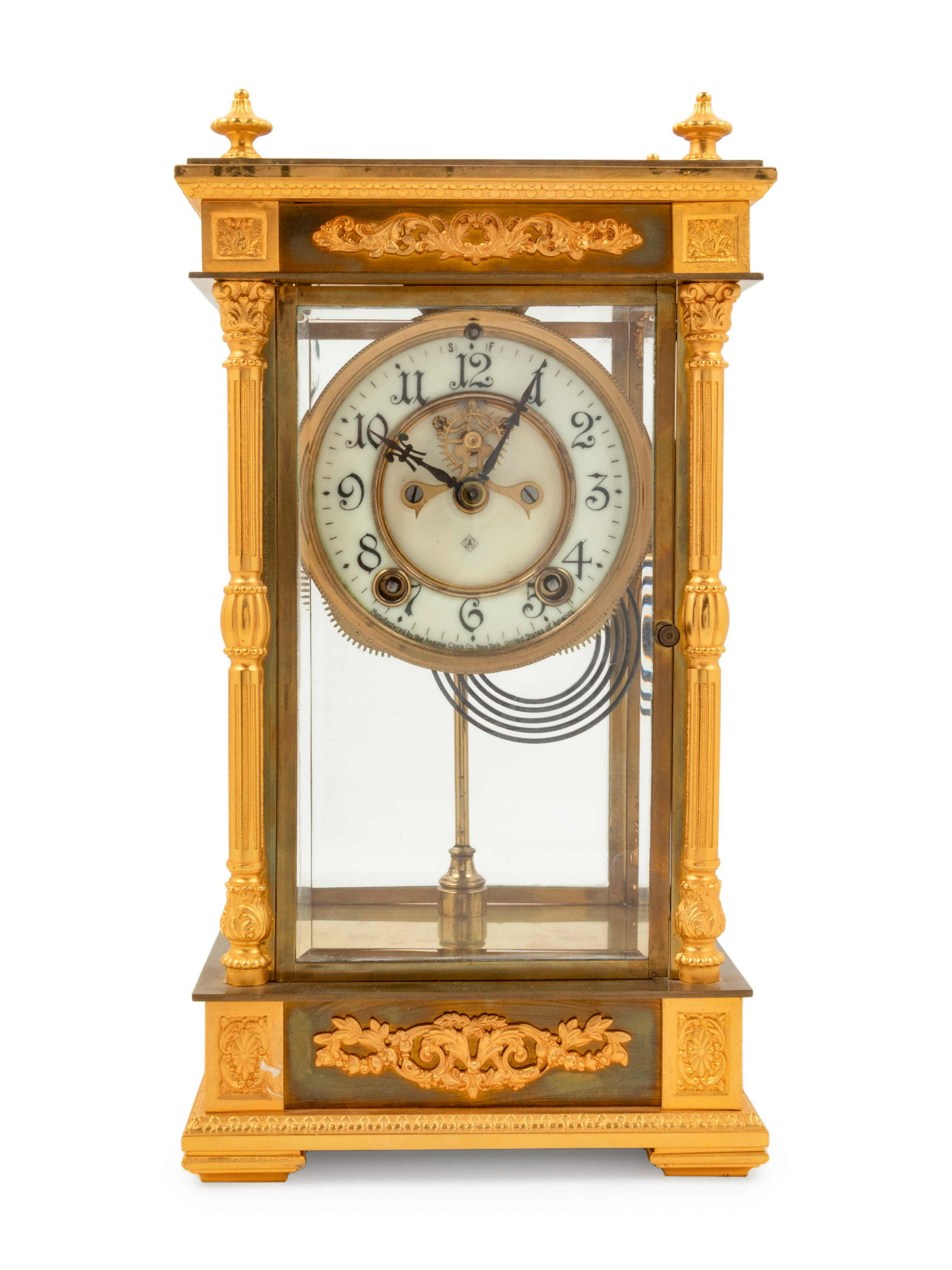 An Ansonia Earl Gilt Metal and Crystal Regulator Clock: An Ansonia Earl Gilt Metal and Crystal Regulator Clock Height 13 x width 7 x depth 6 inches. Property from the Collection of a Wisconsin Museum