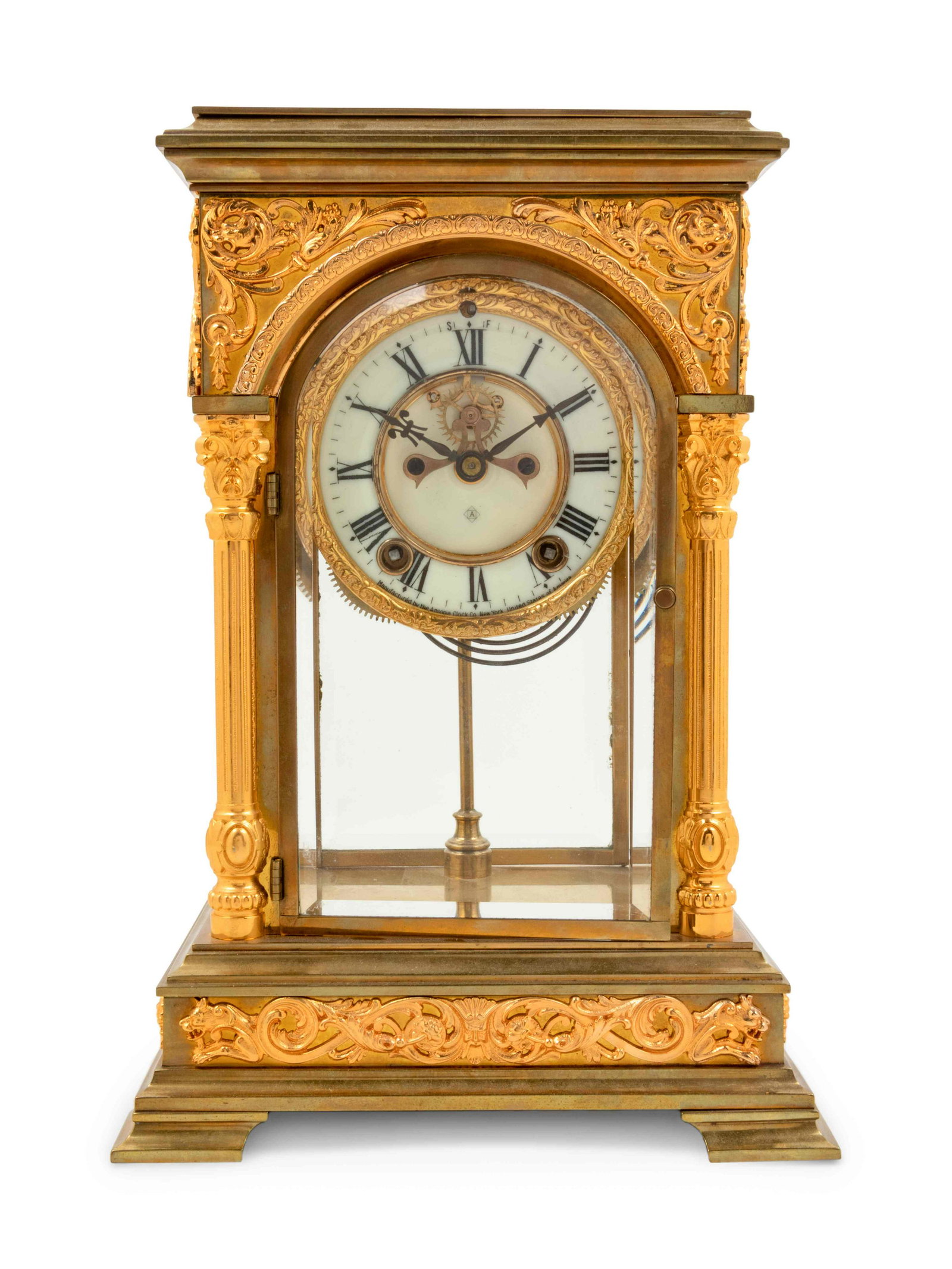 An Ansonia Sirius Gilt Metal and Crystal Regulator: An Ansonia Sirius Gilt Metal and Crystal Regulator Clock Height 13 x width 9 x depth 7 1/2 inches. Property from the Collection of a Wisconsin Museum