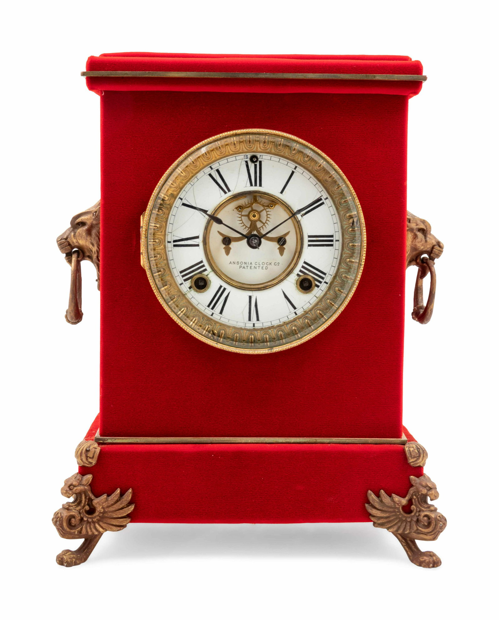 An Ansonia Florentine Plush Mantel Clock: An Ansonia Florentine Plush Mantel Clock Height 13 x width 10 x depth 6 1/2 inches. Property from the Collection of a Wisconsin Museum