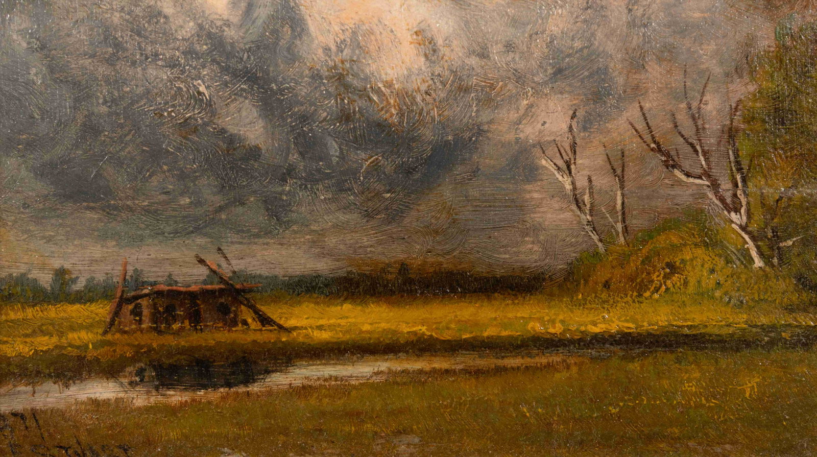 James Everett Stuart (American, 1852-1941): James Everett Stuart (American, 1852-1941) Old Shack on the Des Plaines River, Illinois oil on cigar box lid signed J. E. Stuart and dated (lower left); signed, titled and inscribed (verso) 4 3/4 x 8 