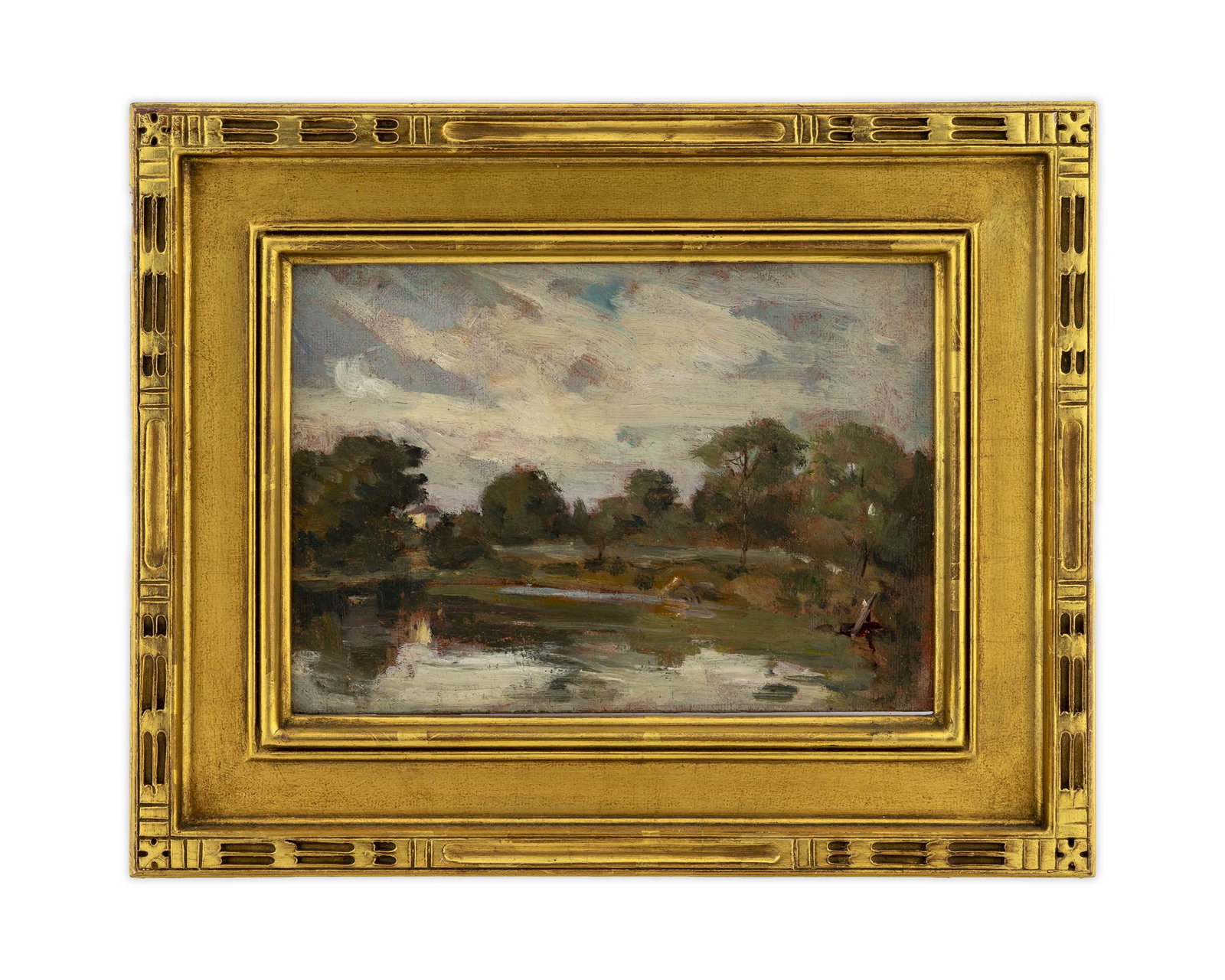 Attributed to Jules Turcas (American, 1854-1917): Attributed to Jules Turcas (American, 1854-1917) Pond in Lyme oil on panel 6 x 8 1/2 inches. Provenance: The Cooley Gallery, Old Lyme, Connecticut Property from the Collection of Harry Peterson, Lanta