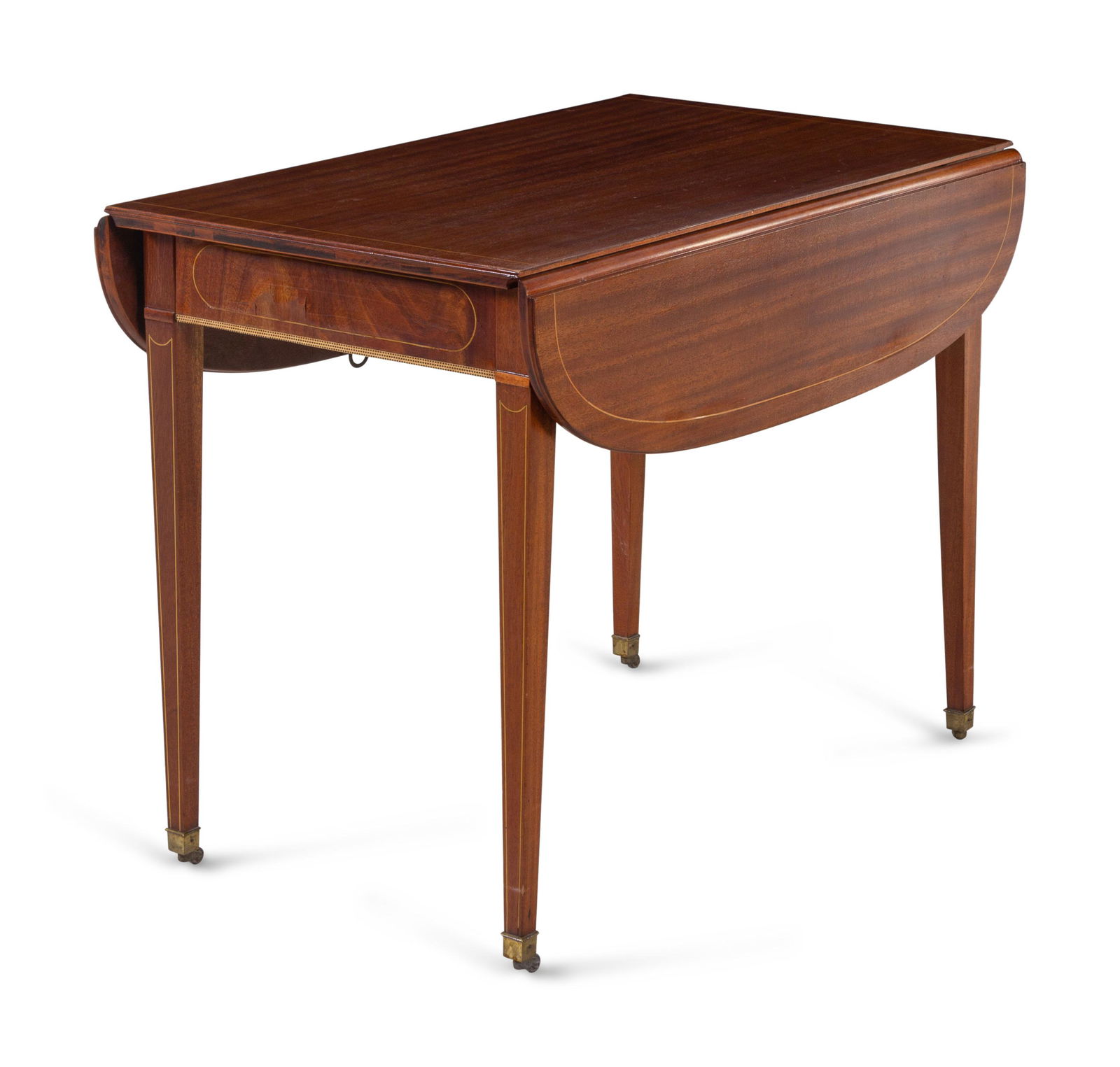 A Federal Style Inlaid Mahogany Pembroke-Type Extension: A Federal Style Inlaid Mahogany Pembroke-Type Extension Dining Table 20th Century with two 19 1/2-inch leaves. Height 29 1/4 x width 38 1/2 (closed) x length 58 inches. Property from a Private Collect