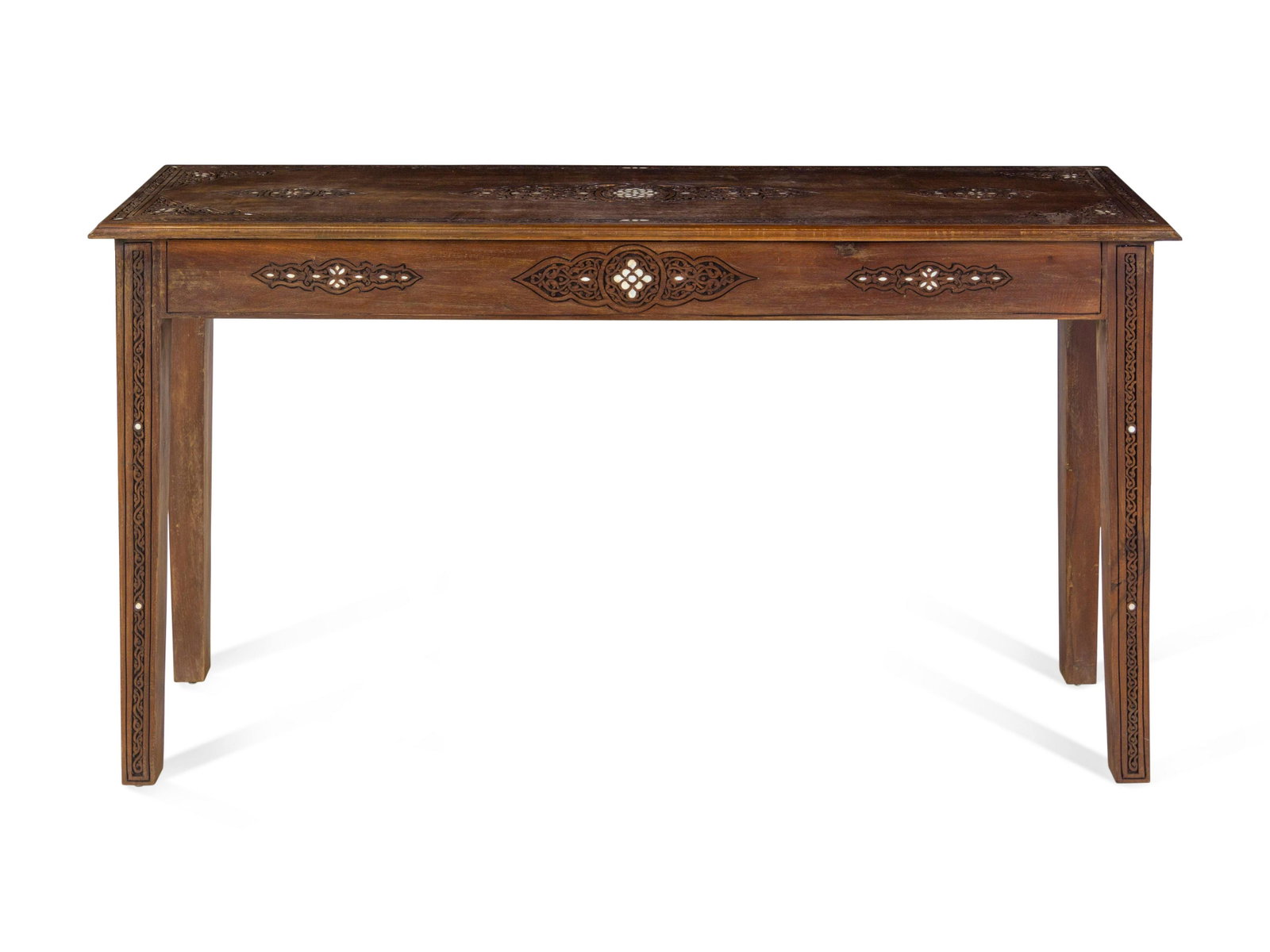 A Syrian Carved Mother-of-Pearl Inlaid Walnut Console: A Syrian Carved Mother-of-Pearl Inlaid Walnut Console Table 20th Century Height 31 1/2 x width 59 x depth 15 1/2 inches. Property sold to benefit Karam Foundation, providing education, aid and sustain