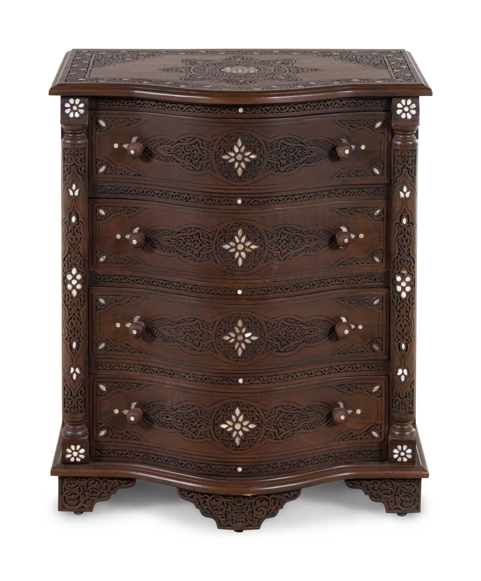 A Syrian Carved Mother-of-Pearl Inlaid Walnut: A Syrian Carved Mother-of-Pearl Inlaid Walnut Serpentine Chest of Drawers 20th Century Height 31 3/4 x width 27 3/4 x depth 17 1/2 inches. Property sold to benefit Karam Foundation, providing educatio