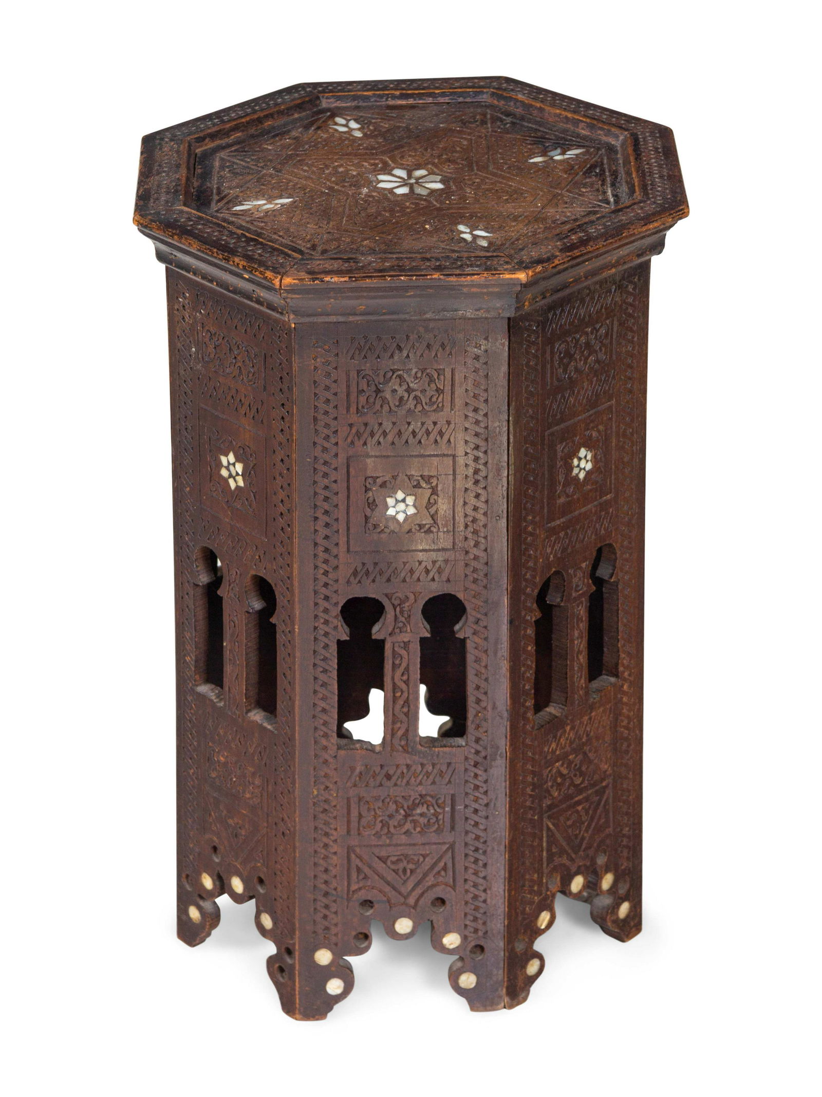 A Syrian Mother-of-Pearl Inlaid Side Table: A Syrian Mother-of-Pearl Inlaid Side Table Late 19th/Early 20th Century Height 19 1/2 x width 13 1/2 x depth 14 inches.