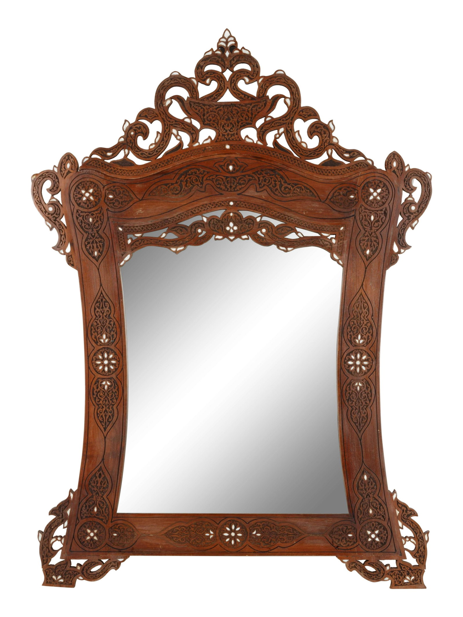 A Pair of Syrian Mother-of-Pearl Inlaid Walnut Mirrors: A Pair of Syrian Mother-of-Pearl Inlaid Walnut Mirrors 20th Century Height 53 x width 37 inches. Property sold to benefit Karam Foundation, providing education, aid and sustainable development for Syr
