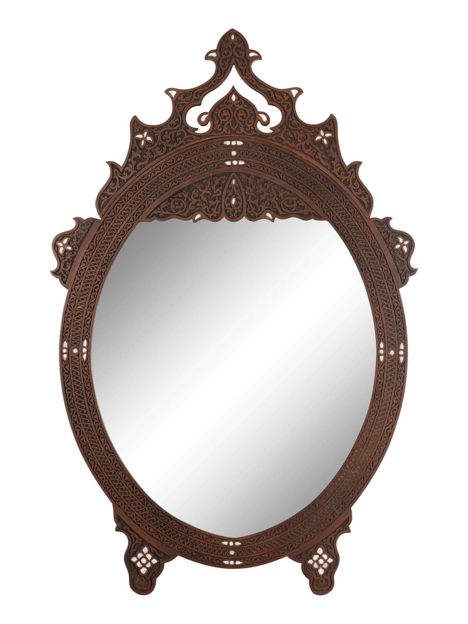 A Syrian Mother-of-Pearl Inlaid Walnut Mirror: A Syrian Mother-of-Pearl Inlaid Walnut Mirror 20th Century Height 41 x width 26 1/2 inches. Property sold to benefit Karam Foundation, providing education, aid and sustainable development for Syrian r