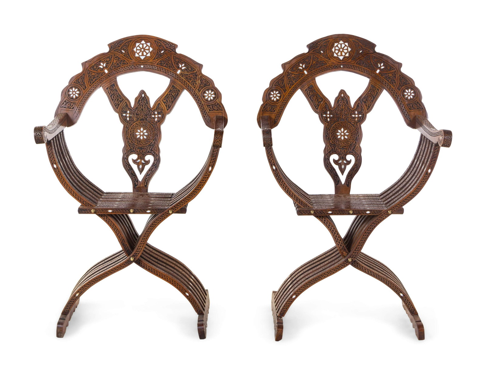 A Pair of Syrian Mother-of-Pearl Inlaid Walnut: A Pair of Syrian Mother-of-Pearl Inlaid Walnut Savonarola Chairs 20th Century Height 42 1/2 x width 26 1/2 x depth 22 inches. Property sold to benefit Karam Foundation, providing education, aid and su