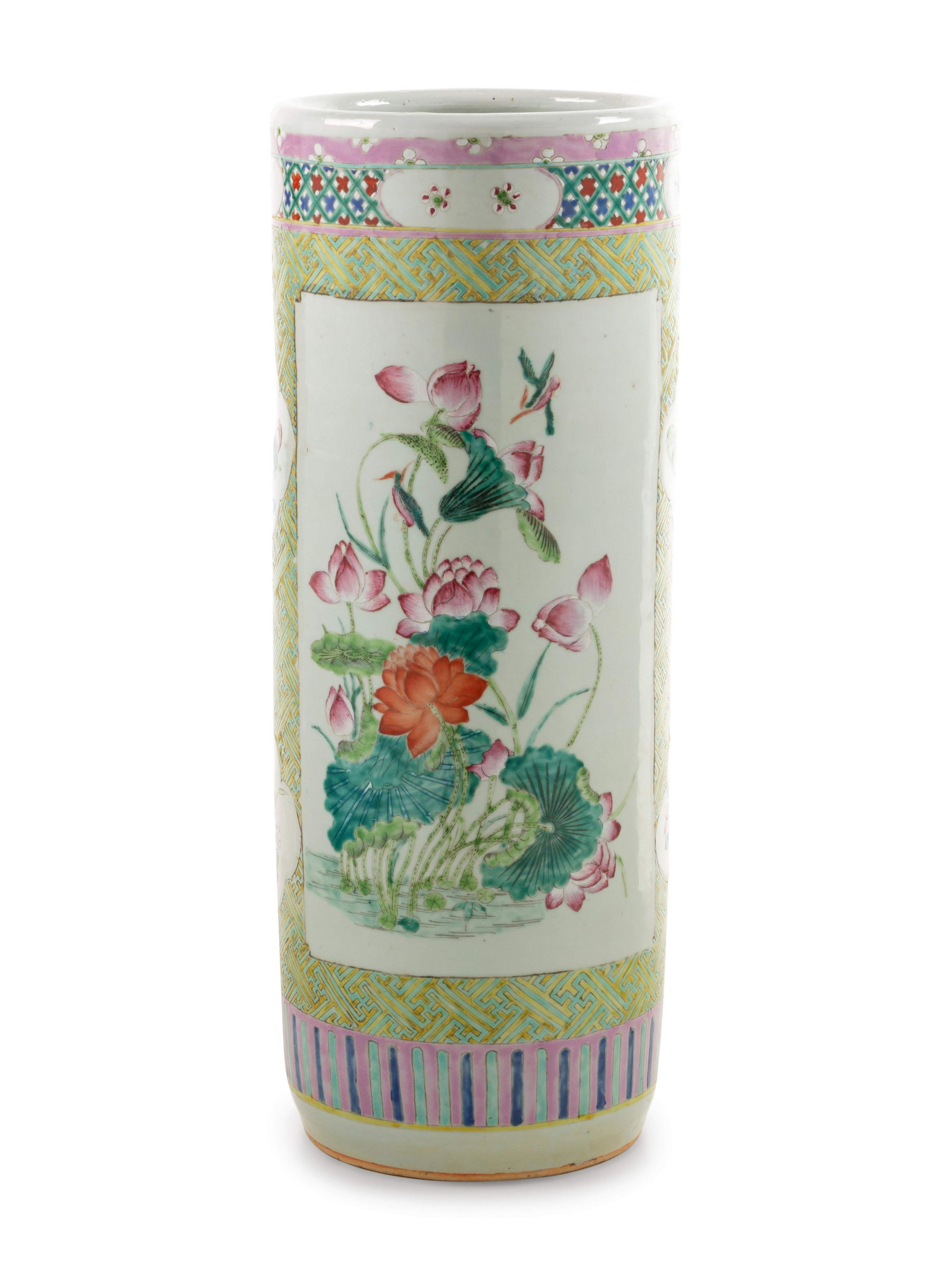 A Famille Rose Porcelain Umbrella Stand: A Famille Rose Porcelain Umbrella Stand Late 19th Century Height 24 inches. Property from the Collection of Joseph H. and June S. Hennage, Williamsburg, Virginia, Sold to Benefit The Colonial Williams