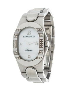 BERTOLUCCI, STAINLESS STEEL AND DIAMOND 'SERENA': BERTOLUCCI, STAINLESS STEEL AND DIAMOND 'SERENA' WRISTWATCH 25.00 x 33.00 mm case dimensions with curved profile, the bezel containing 40 round brilliant cut diamonds, mother-of-pearl dial, applied