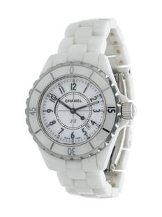 CHANEL, STALINLESS STEEL AND WHITE CERAMIC 'J12': CHANEL, STALINLESS STEEL AND WHITE CERAMIC 'J12' WRISTWATCH 34.00 mm case diameter, white ceramic dial, applied black Arabic numerals, center sweep seconds hand, date aperture between 4 and 5