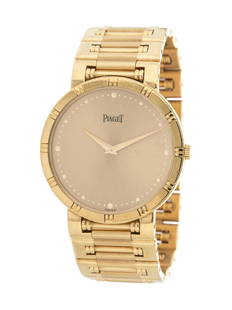 PIAGET, 18K YELLOW GOLD REF. 84023 K81 'DANCER': PIAGET, 18K YELLOW GOLD REF. 84023 K81 'DANCER' WRISTWATCH 30.00 mm case diameter, matte gold dial, gold dot numerals, quartz movement, integrated fancy link bracelet, fold over clasp. Case back