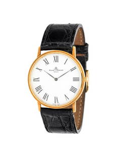 BAUME & MERCIER, 18K YELLOW GOLD WRISTWATCH: BAUME & MERCIER, 18K YELLOW GOLD WRISTWATCH 32.00 mm case diameter, white dial, black Roman numerals, quartz movement, black leather strap stamped BAUME & MERCIER, yellow gold tang buckle with Baume