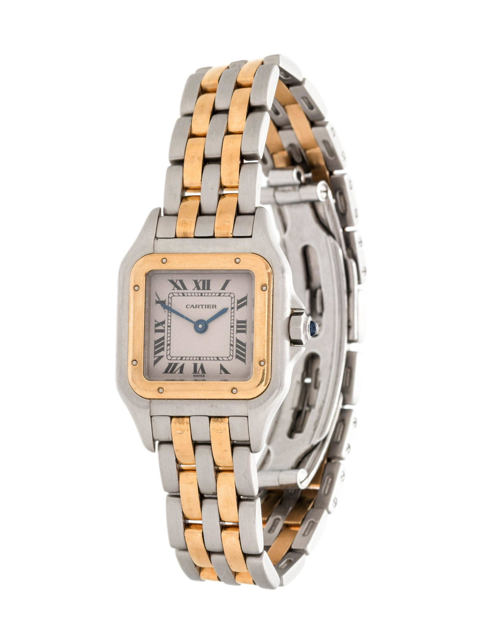 CARTIER, STAINLESS STEEL AND YELLOW GOLD REF. 1170: CARTIER, STAINLESS STEEL AND YELLOW GOLD REF. 1170 'PANTHÃˆRE' WRISTWATCH 30.00 x 22.00 mm case dimensions inclusive of lugs, ivory dial with secret signature at 10 o'clock, black Roman nume