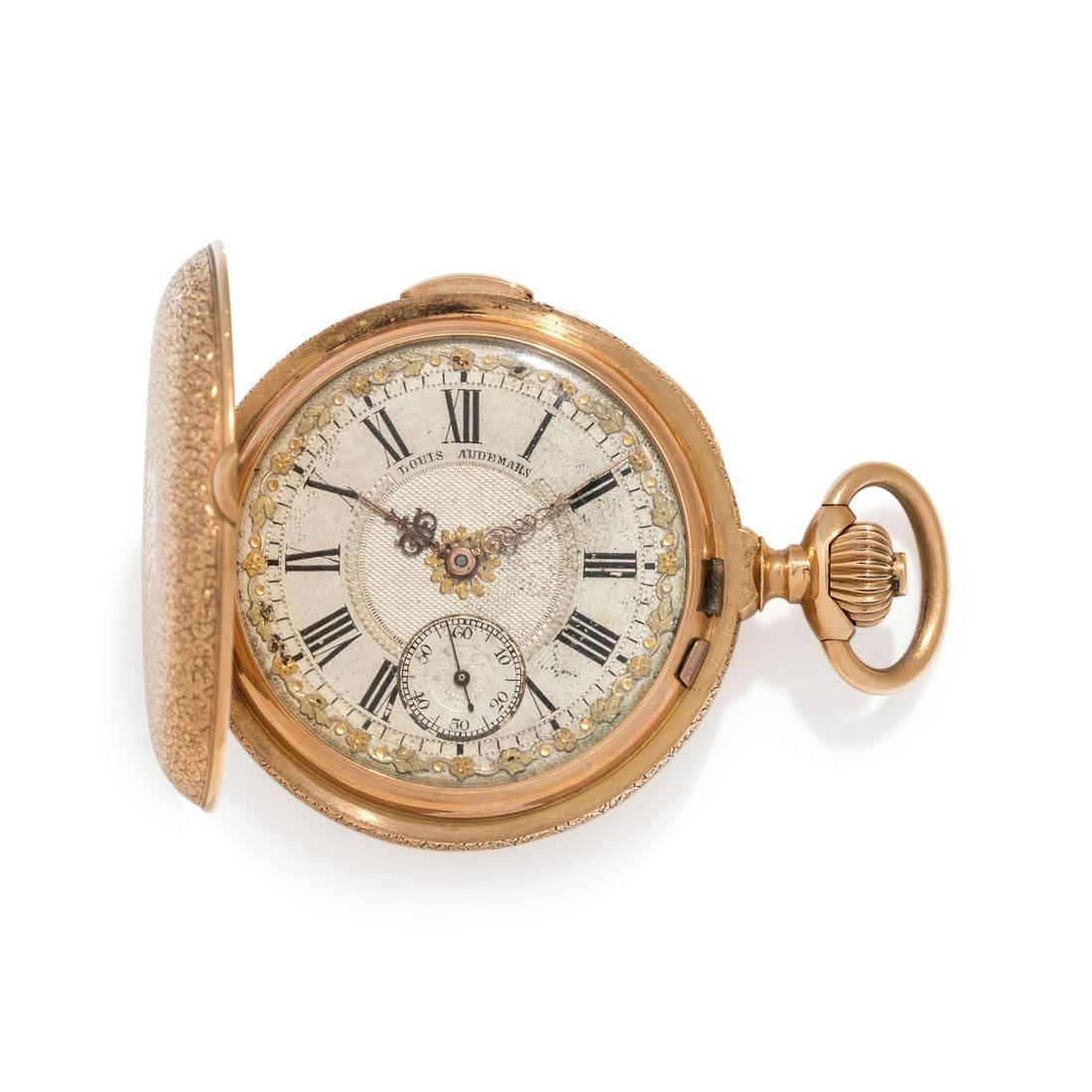 LOUIS AUDEMARS, 18K YELLOW GOLD MINUTE REPEATER HUNTER: LOUIS AUDEMARS, 18K YELLOW GOLD MINUTE REPEATER HUNTER CASE POCKET WATCH 52.00 mm case diameter, silvered dial with engraved decoration and applied yellow gold floral motifs, black Roman numerals, sub