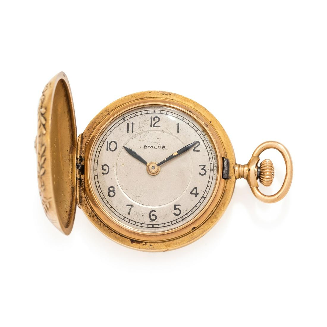 OMEGA, 18K YELLOW GOLD AND DIAMOND HUNTER CASE POCKET: OMEGA, 18K YELLOW GOLD AND DIAMOND HUNTER CASE POCKET WATCH 30.00 mm case diameter, matte silvered dial, black Arabic numerals, polished cuvette stamped OMEGA GRAND PRIX PARIS 1900, stem wound and set