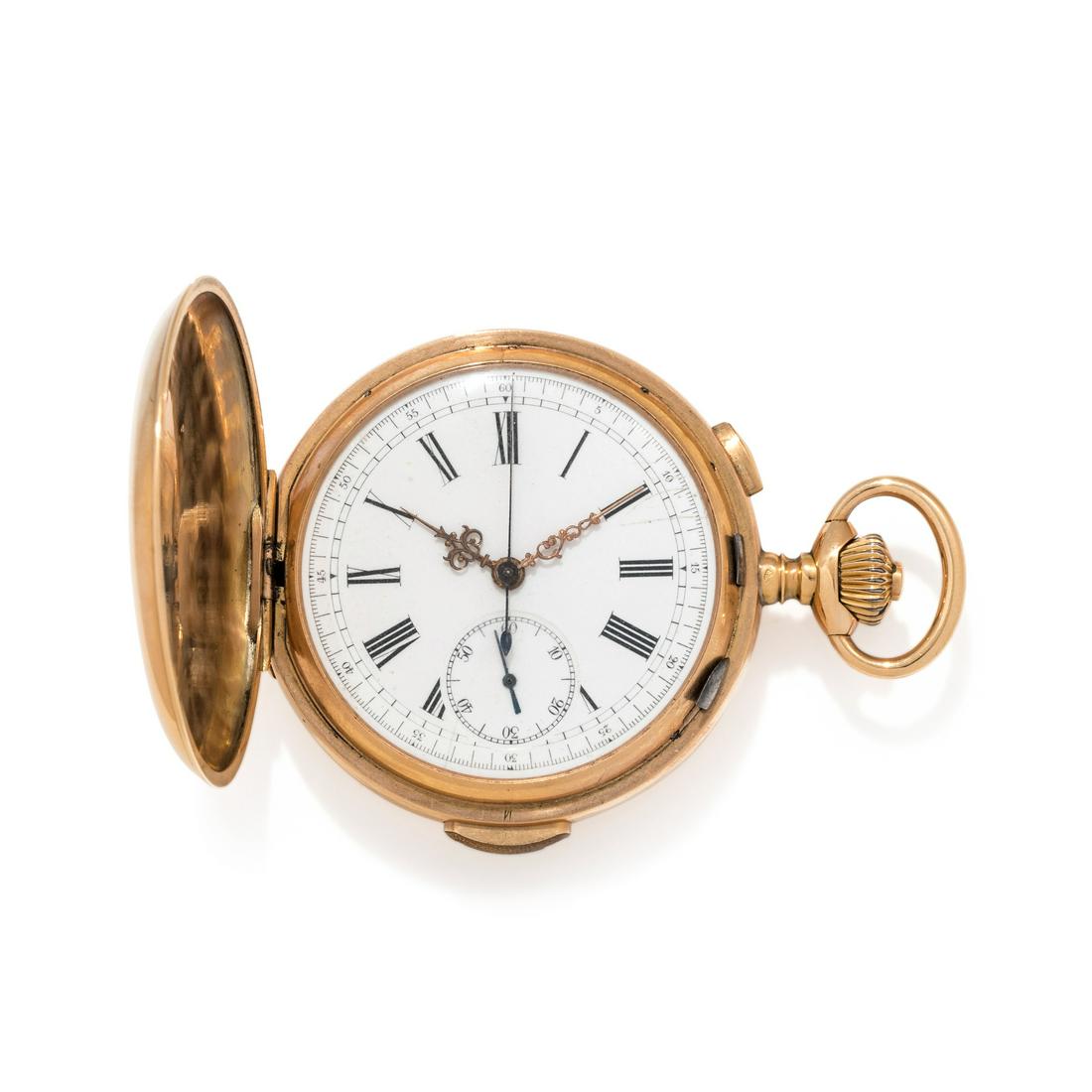 18K YELLOW GOLD CHRONOGRAPH HUNTER CASE POCKET WATCH (1 of 4)