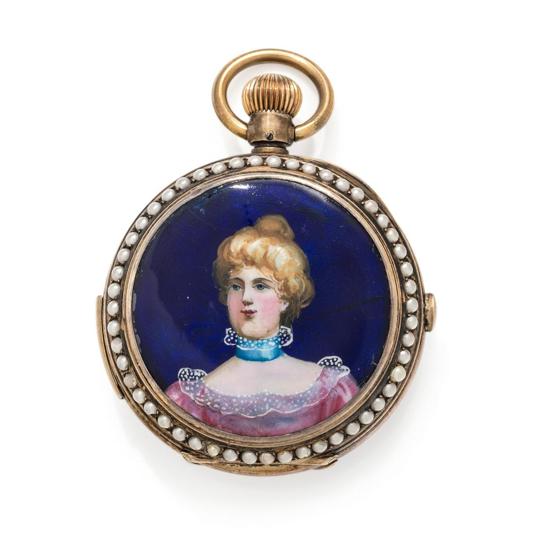 SILVER GILT, ENAMEL AND PEARL CHRONOGRAPH HUNTER CASE (1 of 4)