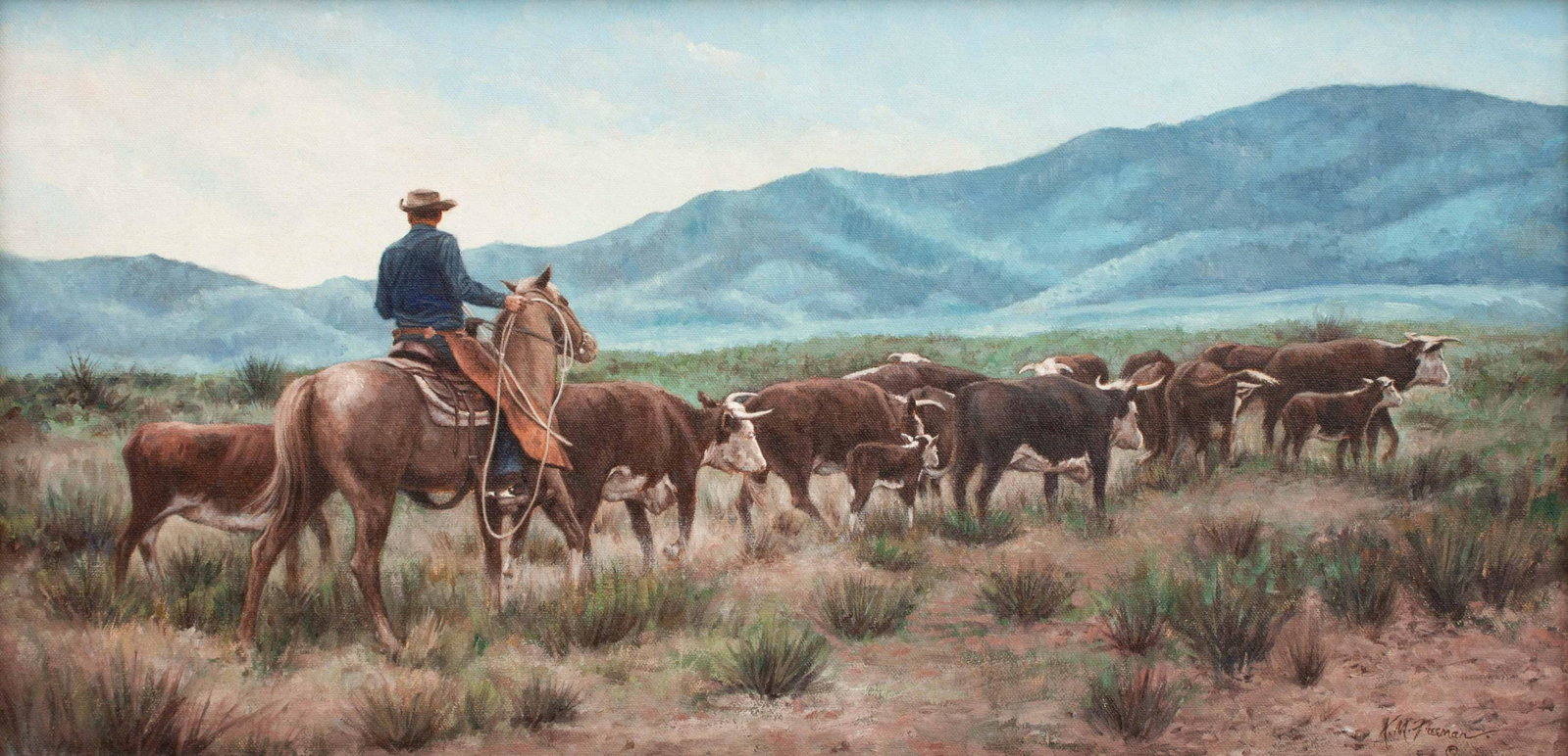 Kenneth Freeman (American, 1935-2008) Driving the Herd: Kenneth Freeman (American, 1935-2008) Driving the Herd oil on canvas signed K.M. Freeman (lower right) 12 x 24 inches Property from a Corporate Art Collection