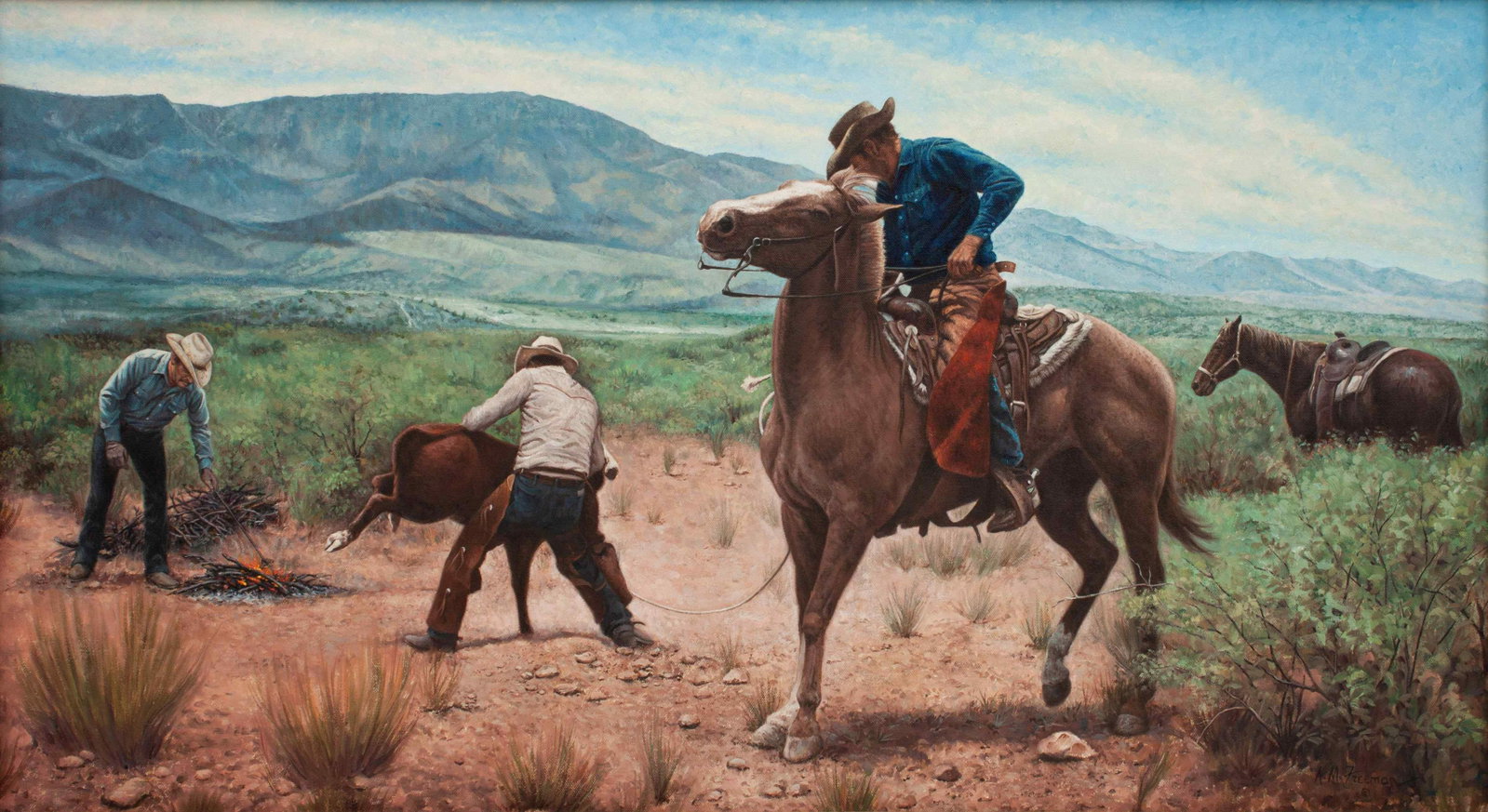 Kenneth Freeman (American, 1935-2008) Roping a Calf: Kenneth Freeman (American, 1935-2008) Roping a Calf oil on canvas signed K.M. Freeman (lower right) 19 x 36 inches Property from a Corporate Art Collection