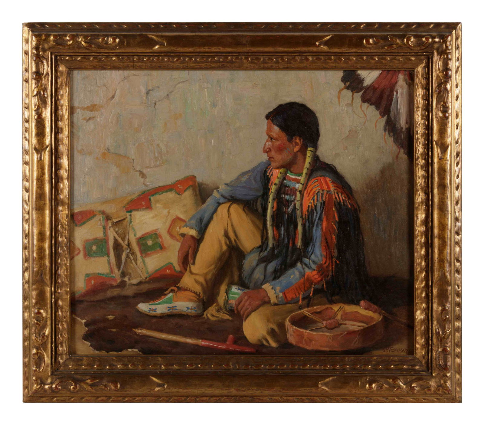 Joseph Henry Sharp (American, 1859-1953) Portrait of: Joseph Henry Sharp (American, 1859-1953) Portrait of Indian with Drum and Pipe oil on canvas signed JH Sharp (lower right) 20 x 24 inches From the Collection of Dorothy "Bunny" Whitaker