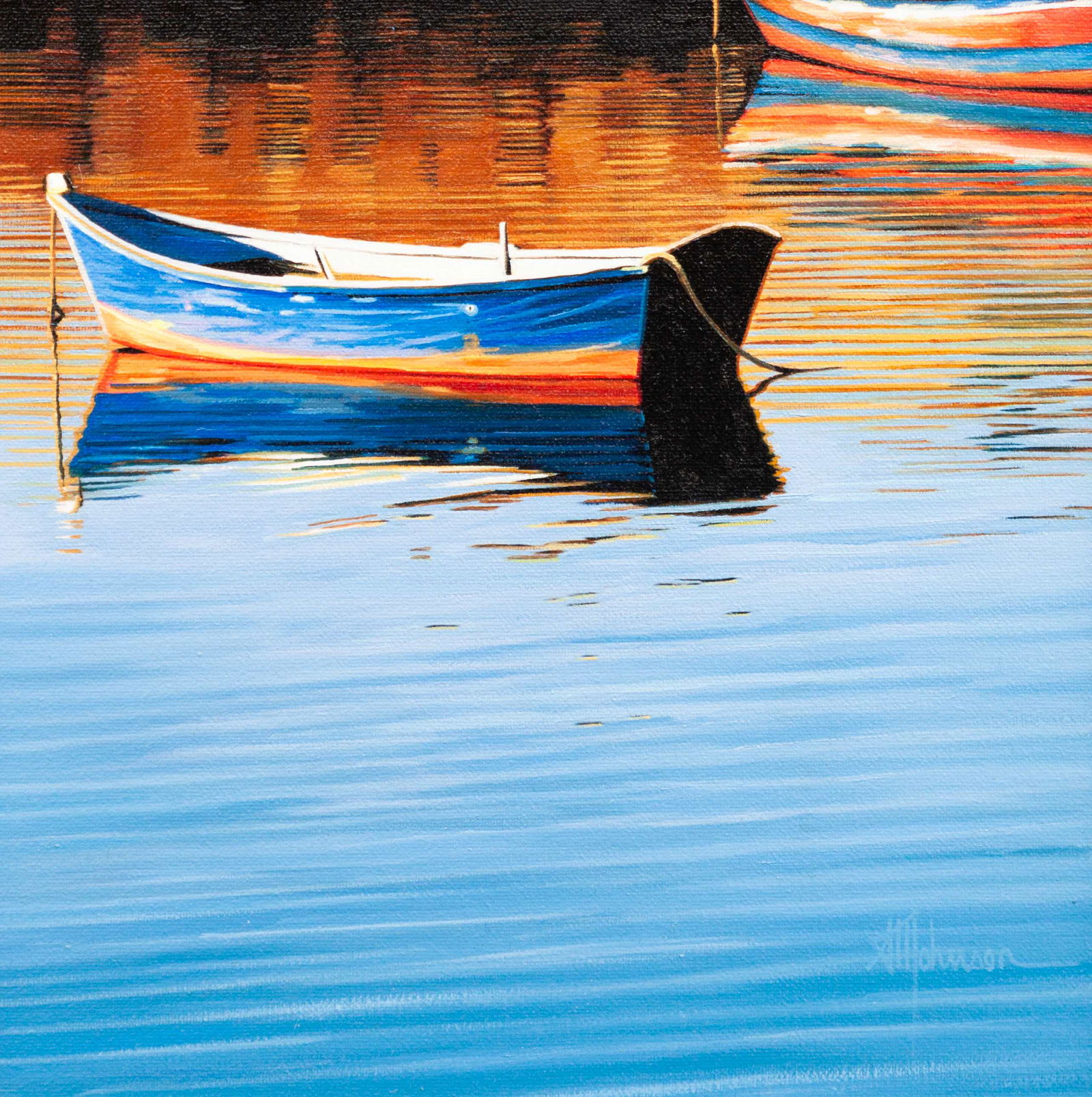 Roger Hayden Johnson (American, 20th Century) Rowboats: Roger Hayden Johnson (American, 20th Century) Rowboats oil on canvas signed RH Johnson (lower right) 10 x 10 inches