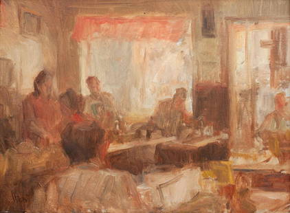 Ron Hicks (American, b. 1965) Neighborhood Restaurant: Ron Hicks (American, b. 1965) Neighborhood Restaurant oil on canvas signed Hicks (lower left) 9 x 12 inches Property From a Colorado Collection