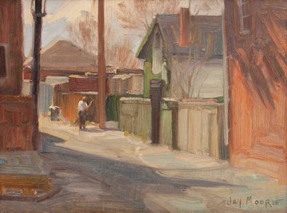Jay Moore (American, b. 1964) Back Alley : Jay Moore (American, b. 1964) Back Alley oil on canvas signed Jay Moore (lower right) 9 x 12 inches Property From a Colorado Collection