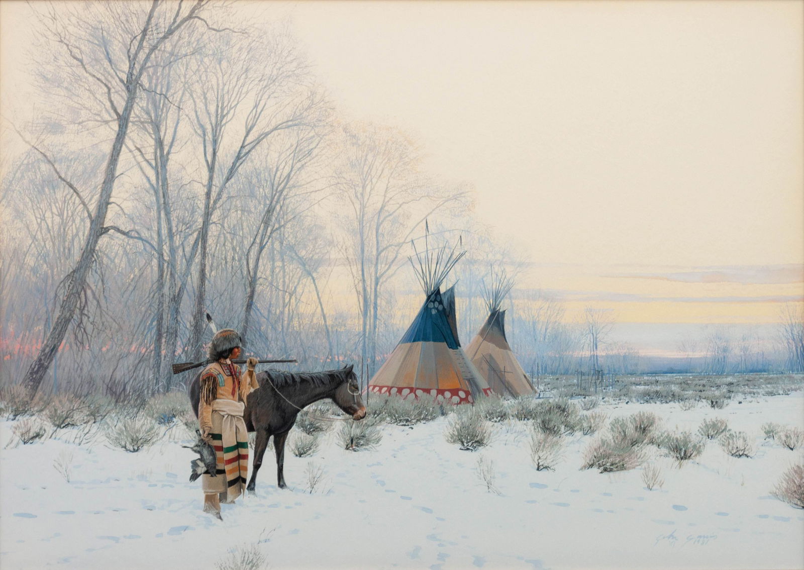 John Jarvis (American, b. 1946) Indian with Tipis, 1981: John Jarvis (American, b. 1946) Indian with Tipis, 1981 gouache on paper signed John Jarvis and dated (lower right) 20 x 28 inches