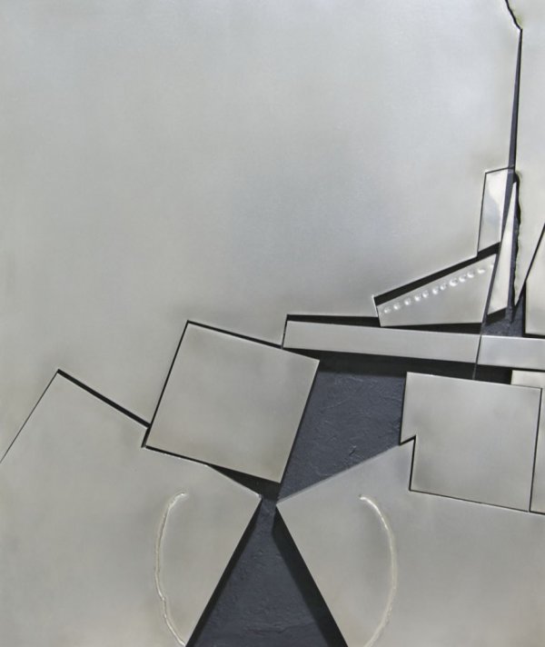 Shin Kuno, (Japanese, b. 1921), Metal Work #148, 1: Shin Kuno (Japanese, b. 1921) Metal Work #148, 1971 stainless steel on wood panel inscribed in Japanese and dated 1971 (verso) 26 x 21 5/8 inches. Tokyo Gallery, Tokyo, Japan (label on verso)