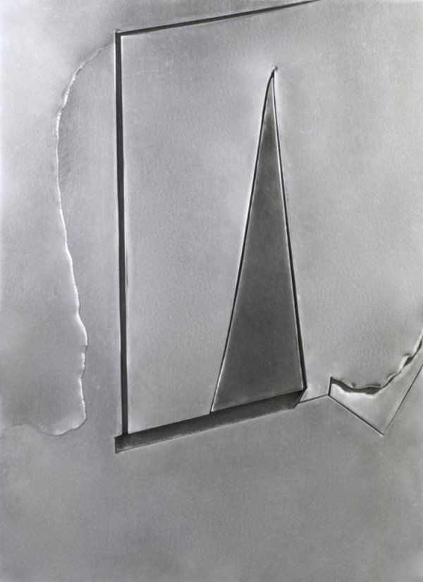 Shin Kuno, (Japanese, b. 1921), Metal Work #185, 1: Shin Kuno (Japanese, b. 1921) Metal Work #185, 1972 stainless steel on wood panel inscribed in Japanese and dated 1972 (verso) 13 x 9 1/2 inches. Tokyo Gallery, Tokyo, Japan (label on verso)