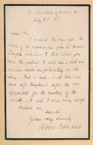 Robert Browning,: Robert Browning, autograph letter signed, octavo, ten lines, July 28, 1881.