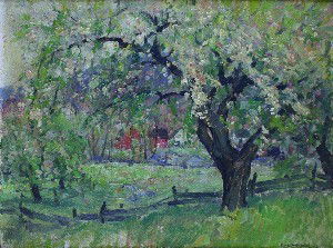 Frank Swift Chase, (American, 1886-1958), Apple b: Frank Swift Chase (American, 1886-1958) Apple blossoms oil on board signed "Frank Swift Chase" (lower right) 12 x 16 inches.