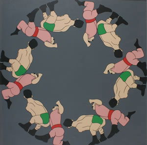 John Wesley, (American, b. 1928), Wrestlers (from: John Wesley (American, b. 1928) Wrestlers (from Panoply) color screenprint signed "John Wesley, '71" (lower left) 29 1/2 x 29 1/2 inches. Provenance: Property from the Irving and Hilda Solomon Estate