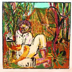 Roberto Juarez, (American, b. 1952), Sweet Sweat: Roberto Juarez (American, b. 1952) Sweet Sweat color woodcut signed, titled, and dated "Sweet Sweat, Roberto Juarez 1983" and "ed. 16/25" (lower edge) 36 x 36 inches.